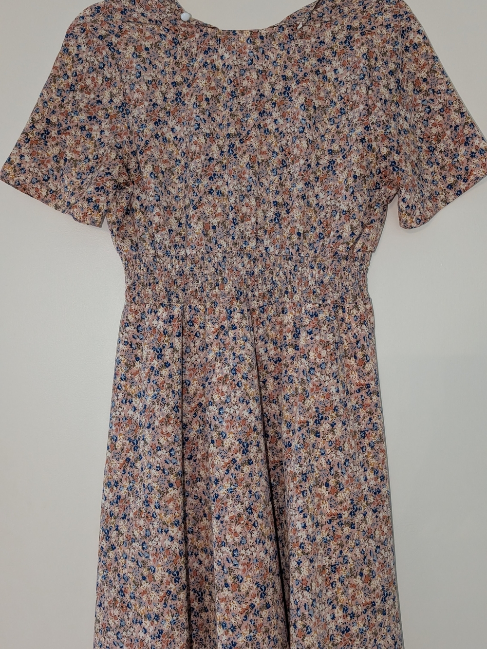 SHEIN Pink Floral Short Sleeve Smocked Dress with Blue & Tan Print